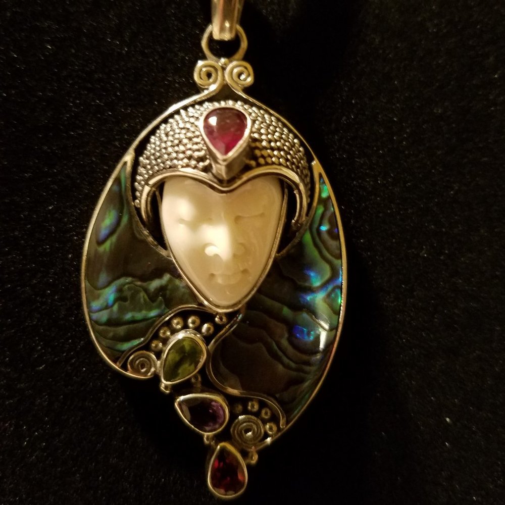 Bali Goddess Carved  Bone Pendant with gemstones